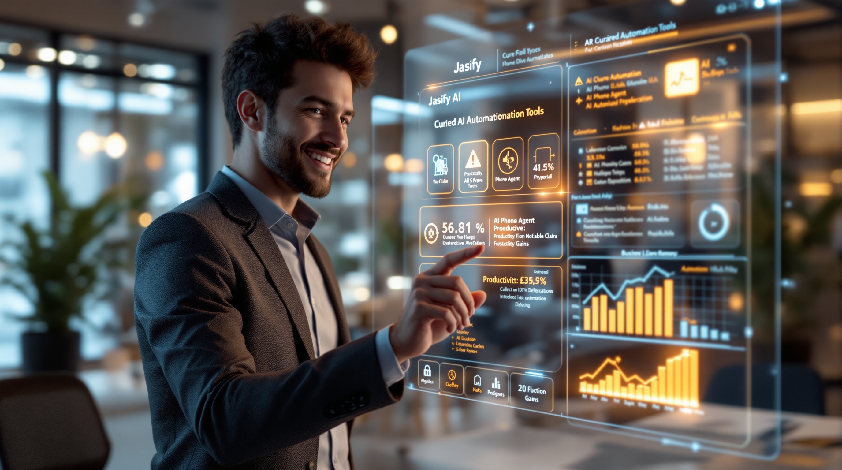 Hyperrealistic render of Jasify AI Marketplace showing AI automation tools on a holographic dashboard