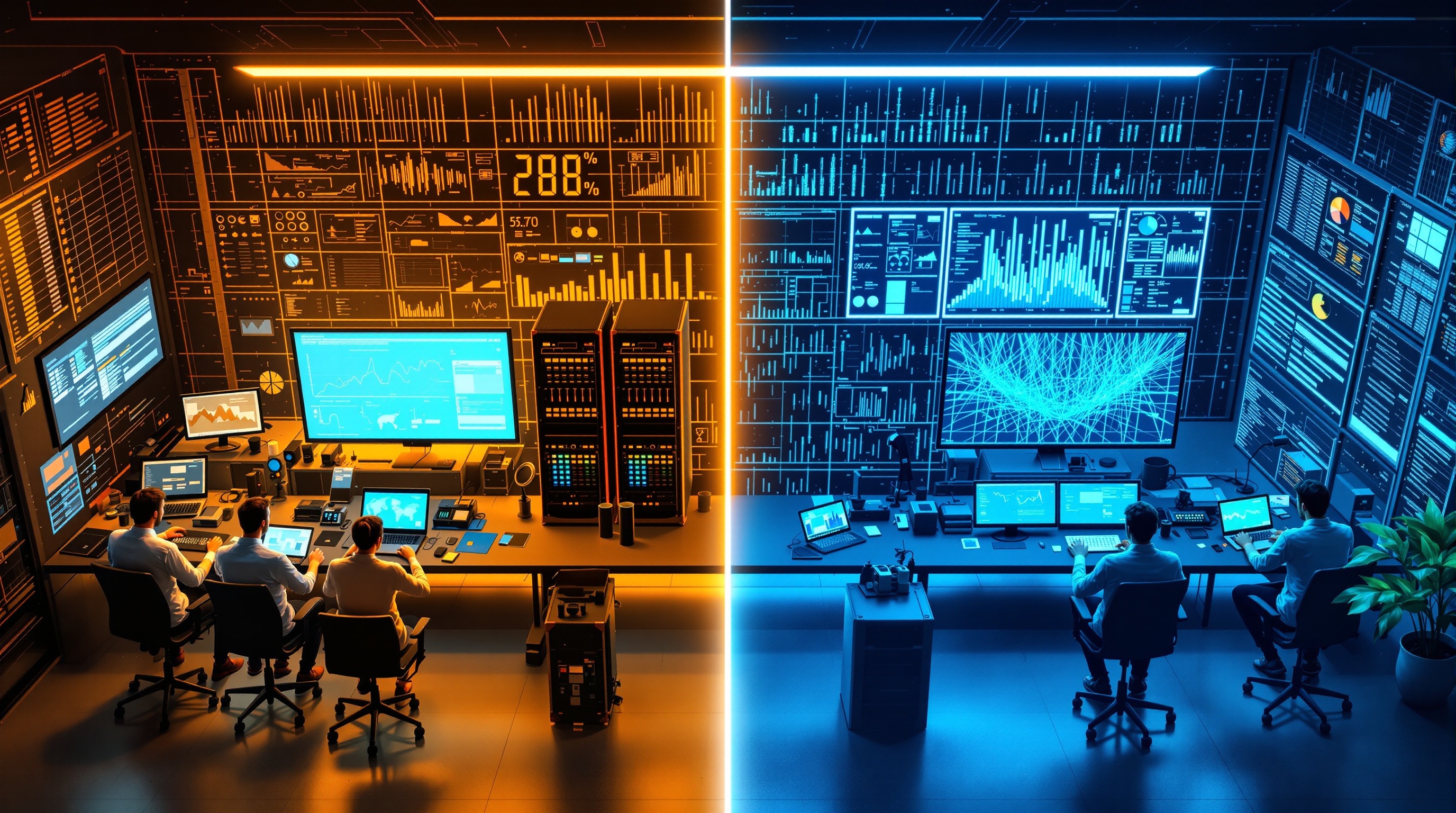 Split-screen visualization comparing machine learning and deep learning teams, illustrating structured versus unstructured data workflows