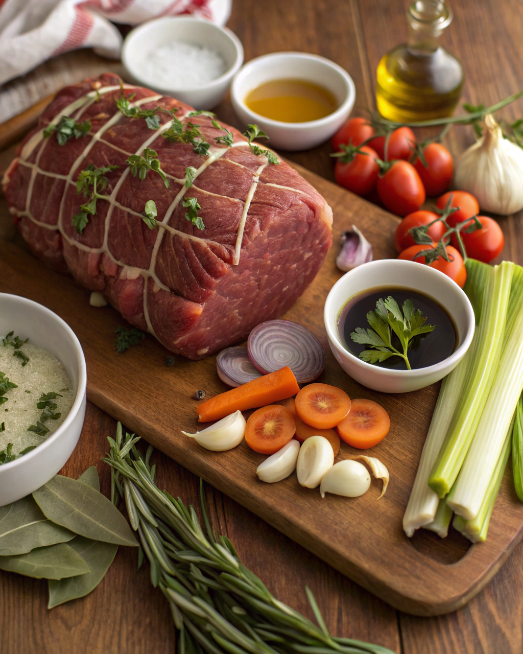 Fresh ingredients for Italian Pot Roast Stracotto including beef roast, garlic, onions, carrots, celery, tomatoes, and herbs arranged on a wooden cutting board