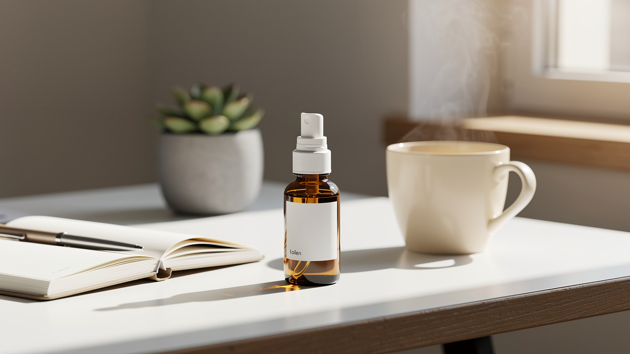 Nasal spray bottle on desk for quick mood support