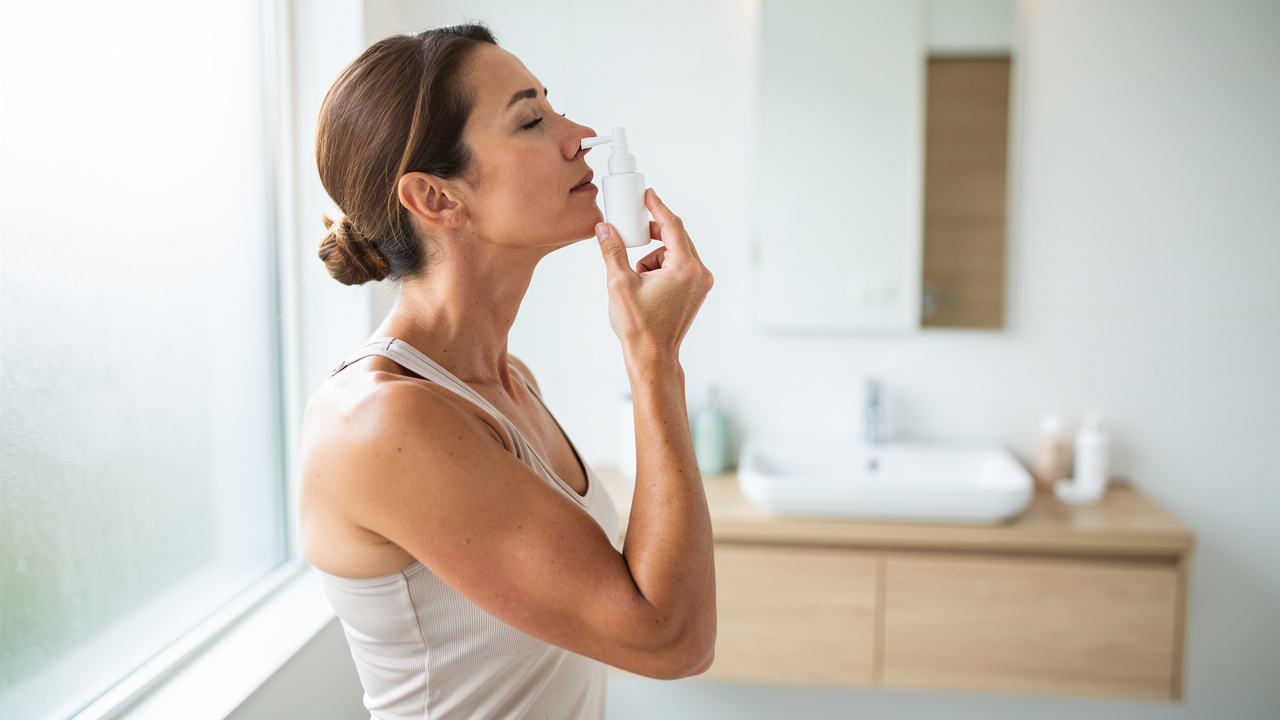 Person applying nasal spray during morning wellness routine