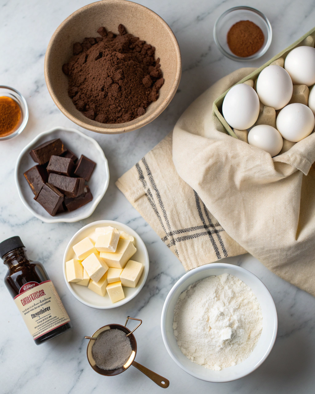 Ingredients for Best Chocolate Cream Cheese Pound Cake arranged on marble countertop showing rich cocoa powder, cream cheese, and other premium baking ingredients