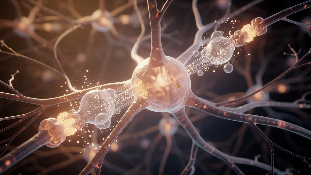 Neural synapse showing neurotransmitter activity in brain