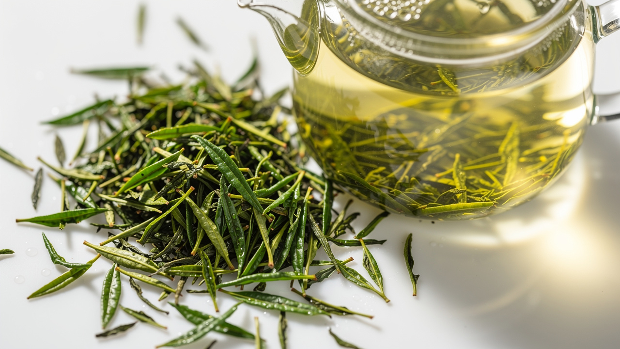 Fresh green tea leaves and brewing pot