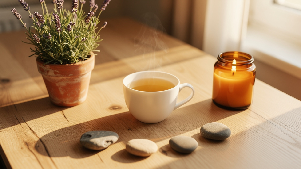 Calming bedtime essentials arranged on nightstand