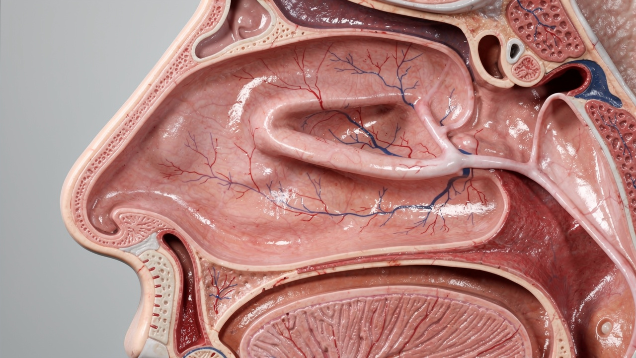Detailed view of nasal passage tissue with blood vessels