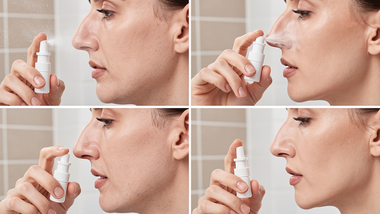 Side view demonstration of correct nasal spray application method