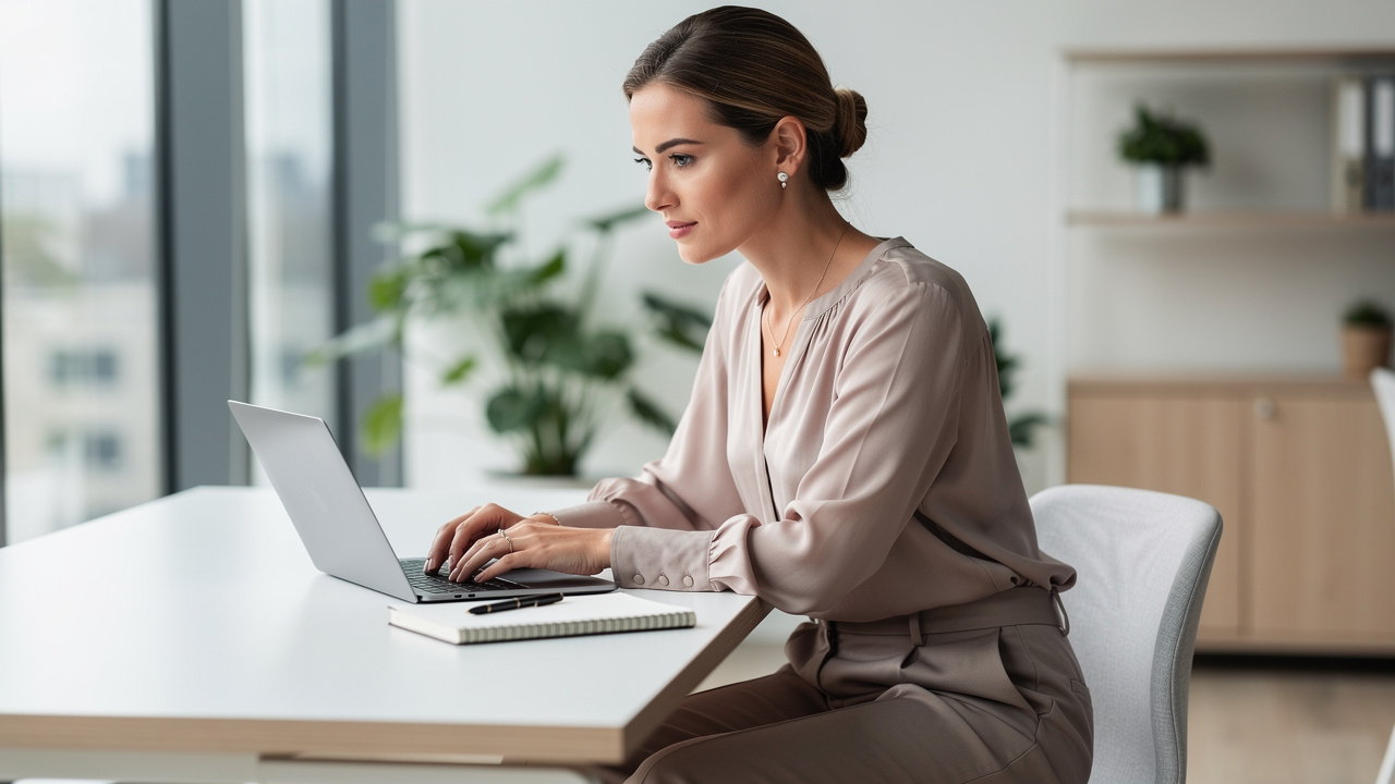 Professional woman working with focused concentration at modern desk
