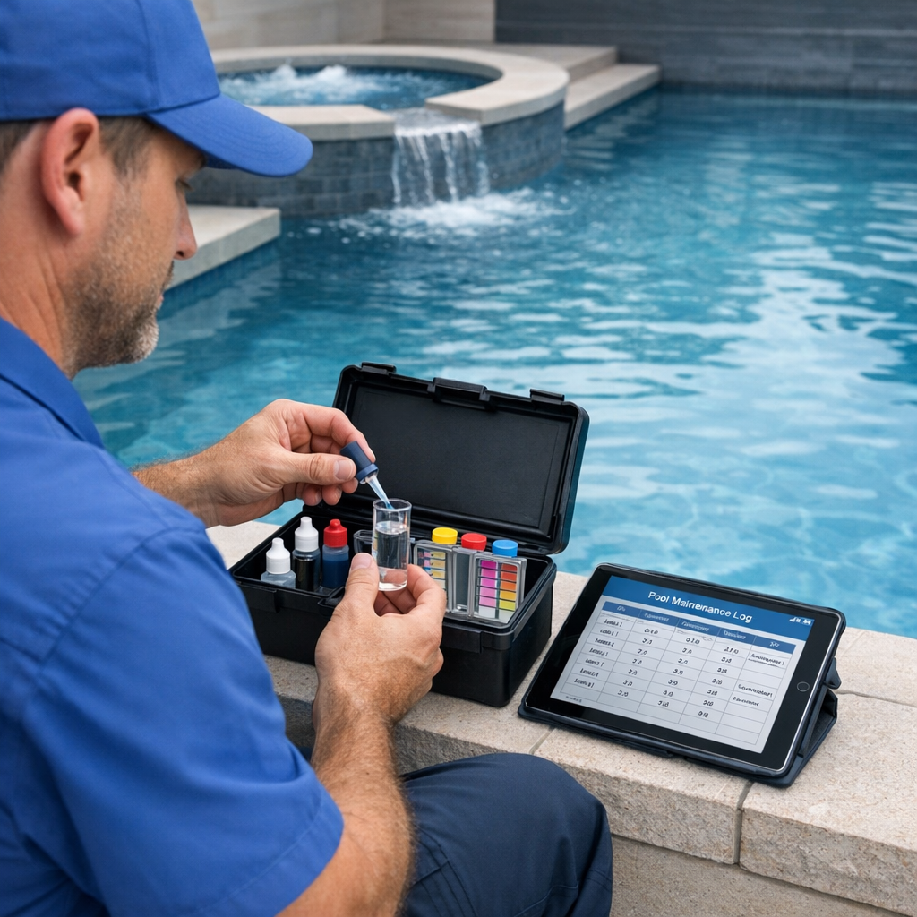 Photorealistic close-up of a uniformed pool technician performing water testing at poolside, holding a professional test k...