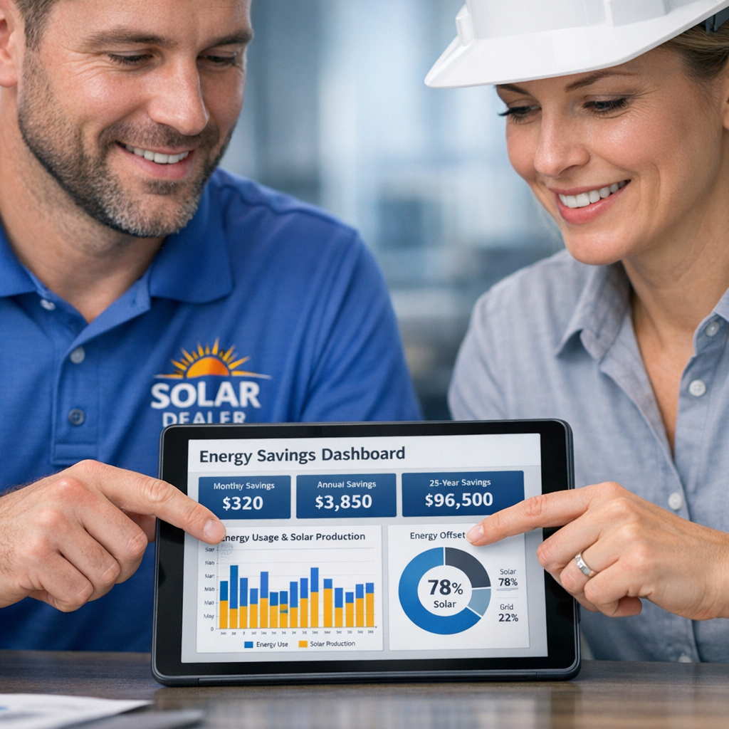 Close-up in-content image of a dealer meeting: a dealer rep and an Independent Solar project manager pointing at a tablet ...