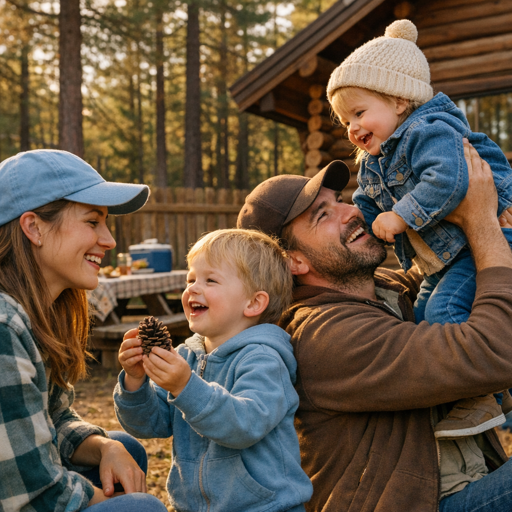 Photorealistic mid-article image showing a family with young children playing in a fenced cabin yard, picnic table, soft a...