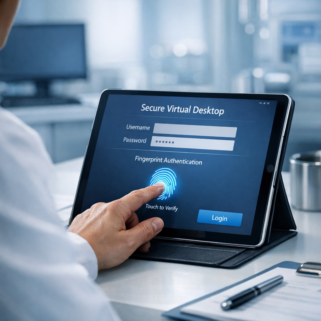Close-up photorealistic image of a clinician logging into a virtual desktop on a tablet using biometric MFA, modern hospit...
