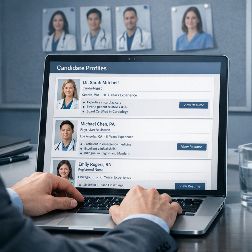 Photorealistic medium-shot of a recruiter reviewing candidate profiles on a laptop in a modern office, clinician headshots...