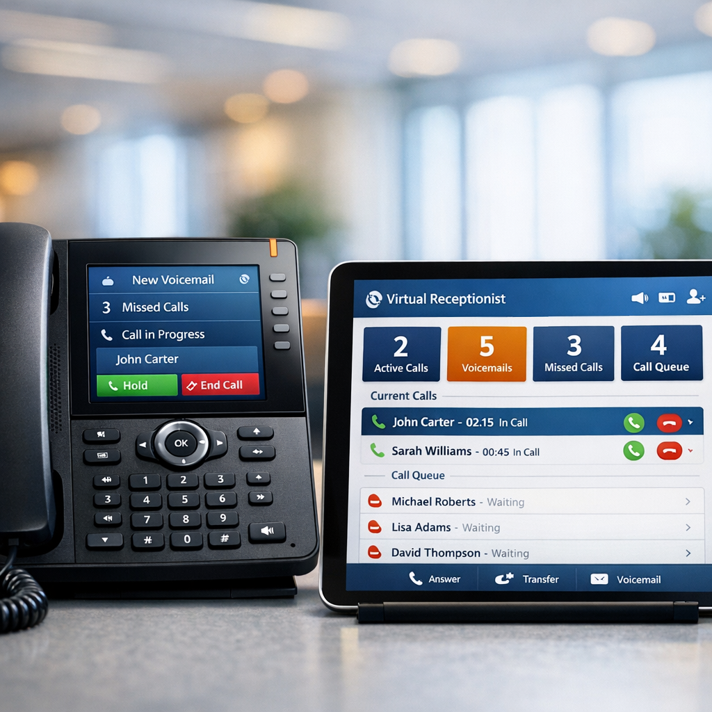 Photorealistic mid-article image showing a close-up of a VoIP phone screen and a tablet with a virtual receptionist dashbo...
