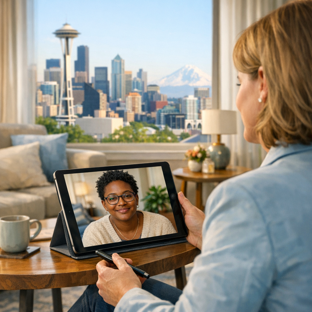 Photorealistic scene of a licensed therapist conducting a secure video session with a client on a tablet, modern living ro...