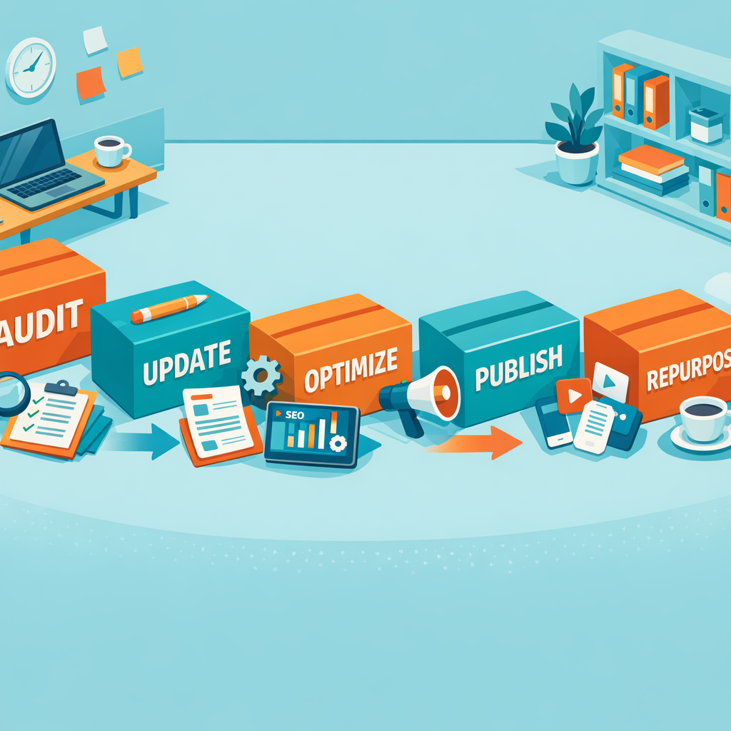 An isometric 3D illustration of a website content refresh workflow showing boxes labeled audit, update, optimize, publish,...