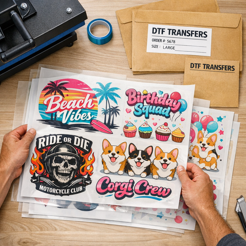 Close-up photorealistic shot of hands arranging DTF transfer gang sheets on a worktable, showing color-accurate prints, a ...