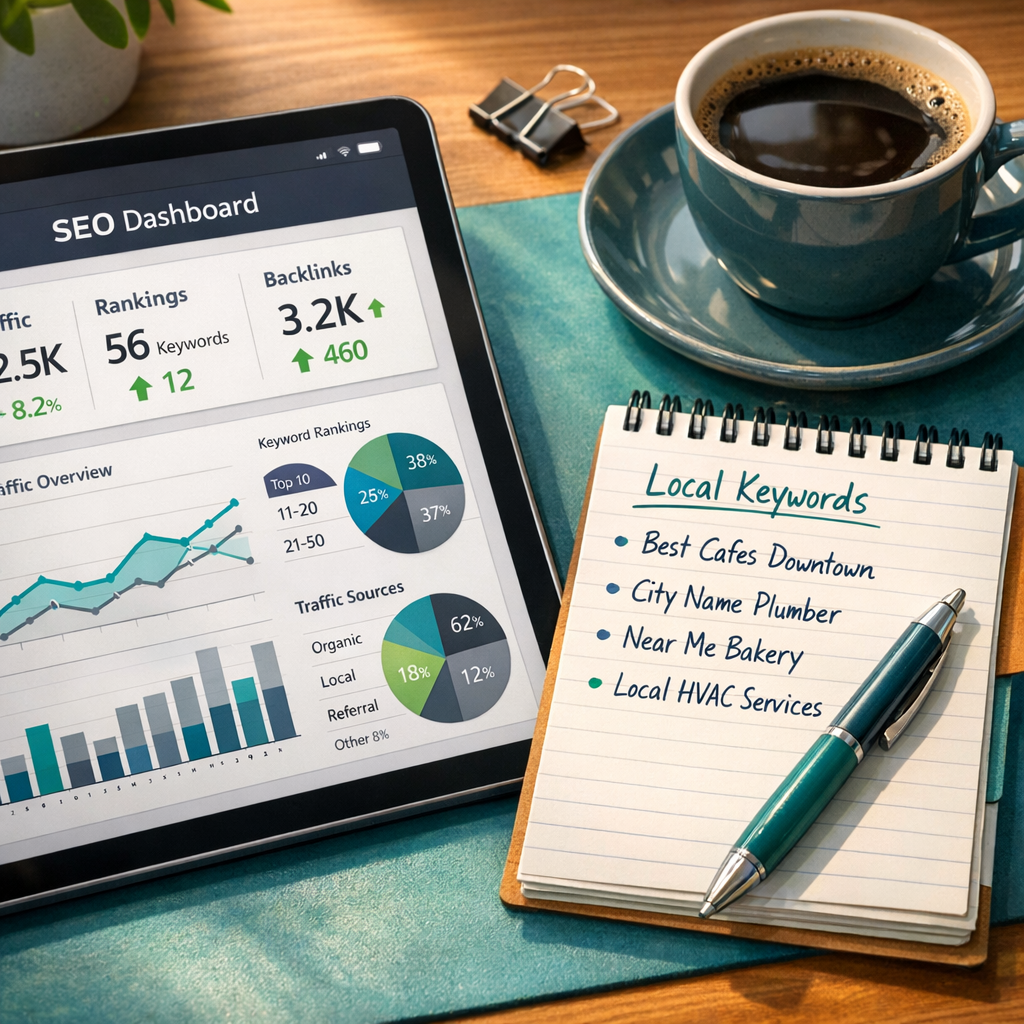 Clean photorealistic image of a close-up desk scene showing a tablet with an SEO dashboard, a notepad with local keywords,...