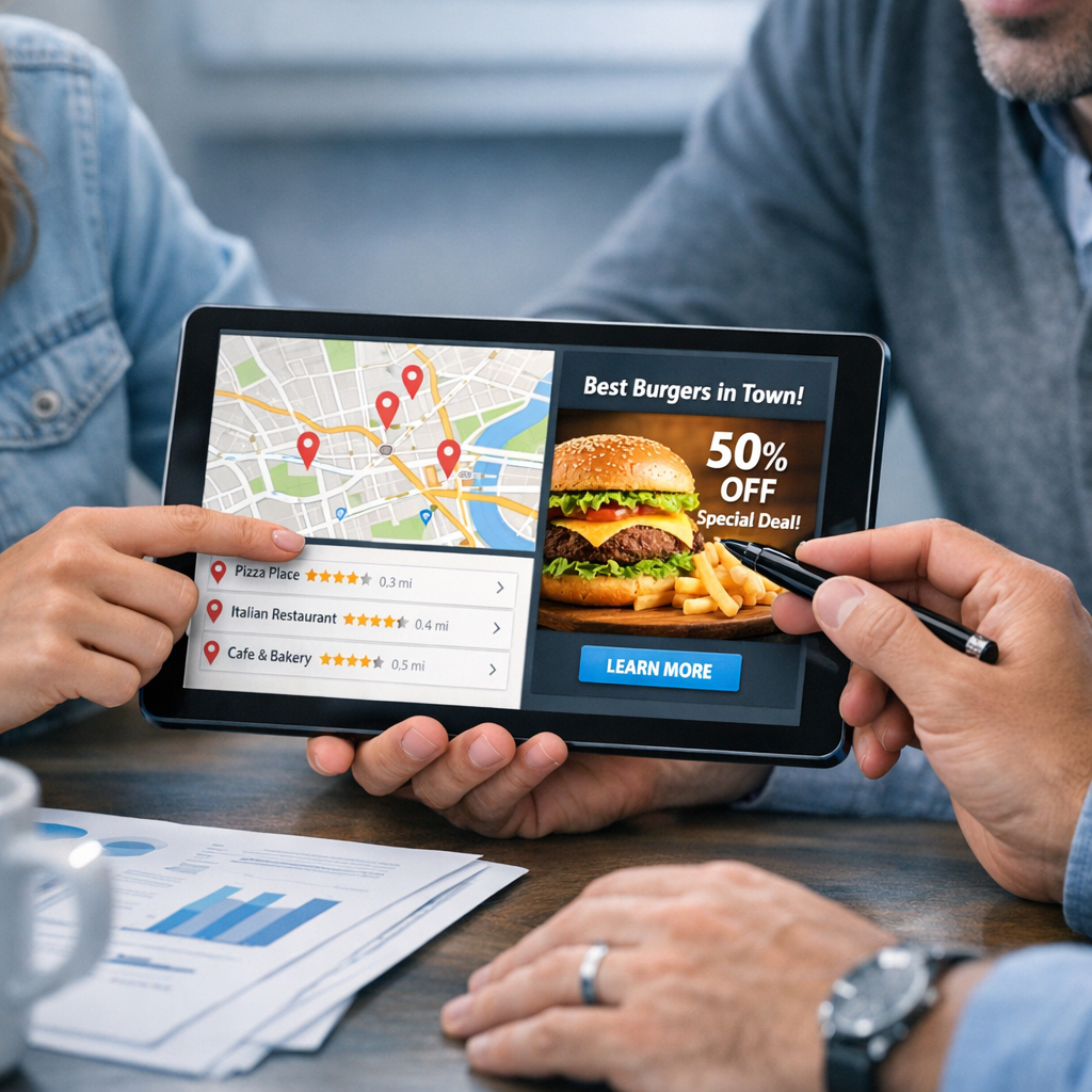 Scottsdale Marketing Agency for Local Business Growth, Google Ads 2 A clean photorealistic image showing a small team around a table reviewing a local search map and ad creative on a tablet,...