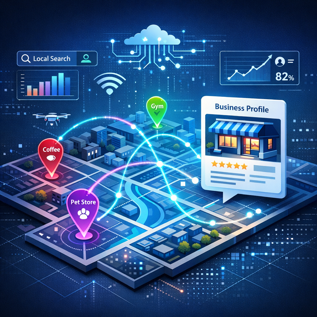 Modern isometric illustration of a local map with pins, data overlays, and AI-driven route lines connecting local searches...