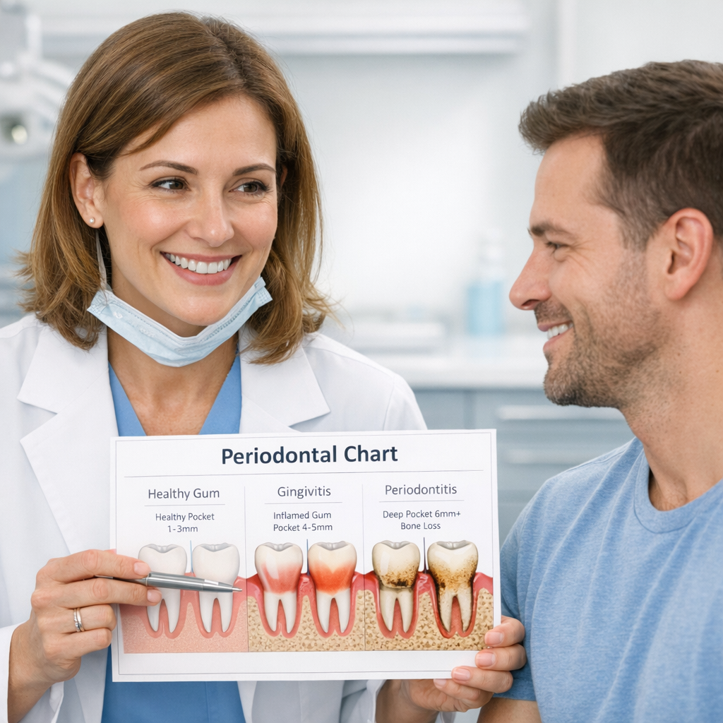 Close-up photorealistic scene of a female dentist explaining a periodontal chart to a seated American patient, bright mode...