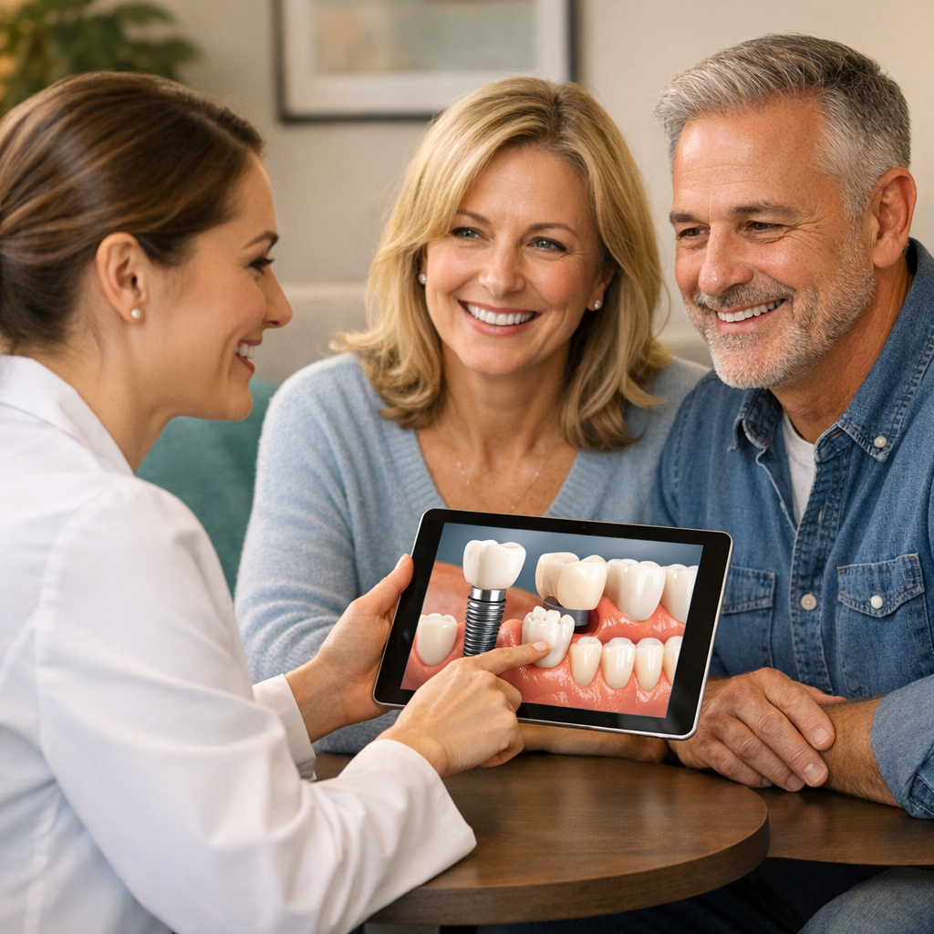 Photorealistic image of a female dentist reviewing treatment options on a tablet with a smiling middle-aged American coupl...