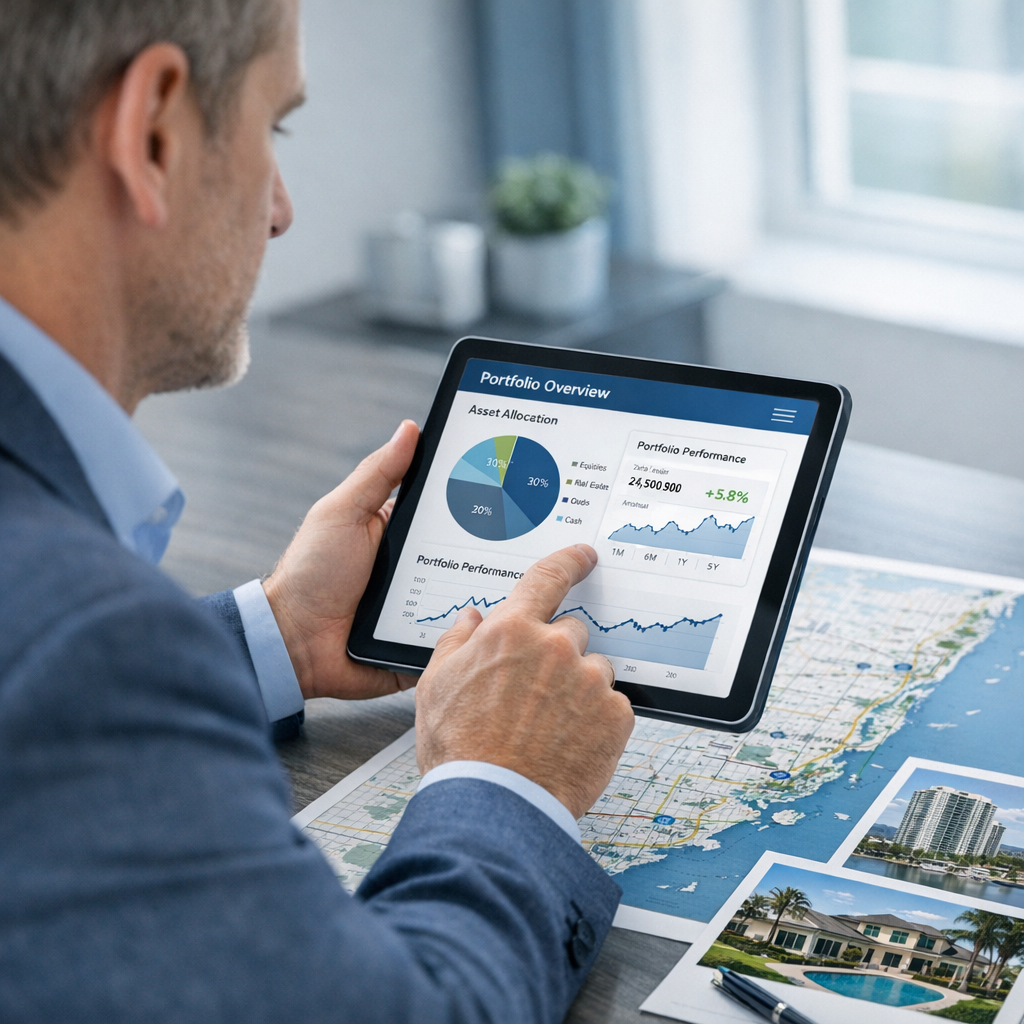 Photorealistic mid-shot of a professional asset manager reviewing portfolio dashboards on a tablet with a South Florida ma...