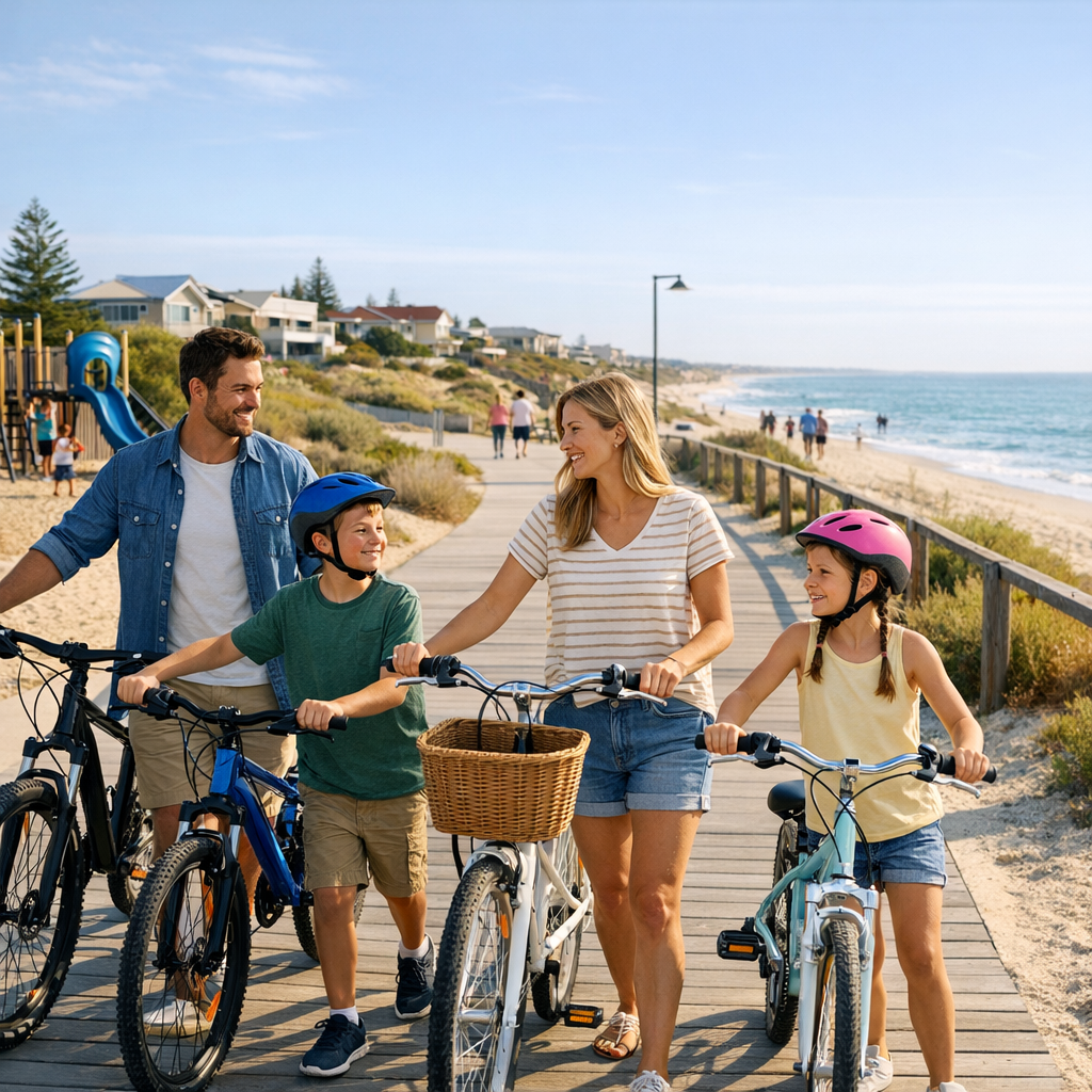 Photorealistic mid-article scene of a family walking bikes along a coastal boardwalk near a suburban neighborhood, warm na...