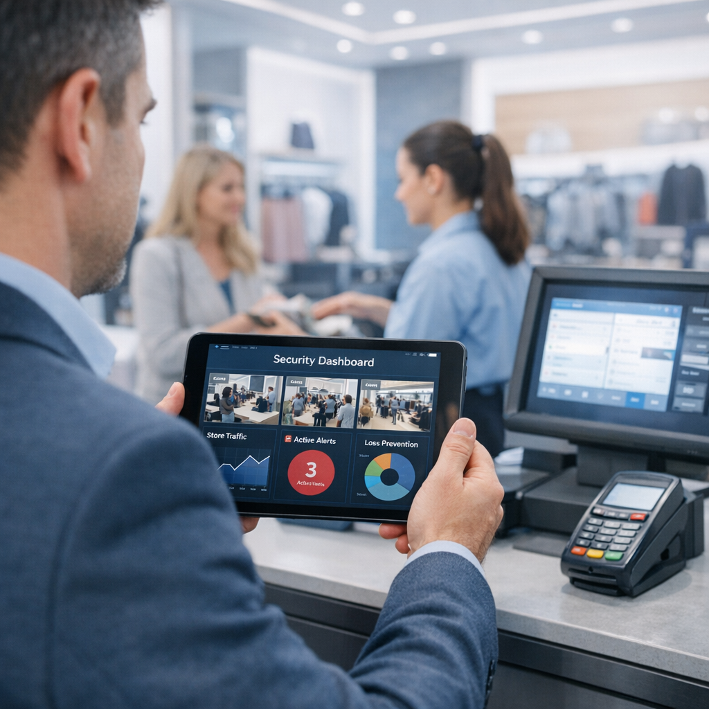 Network System Solutions | Cyber Security Solutions for Arizona Retail and POS Security Photorealistic mid-shot of a retail manager viewing a security dashboard on a tablet while staff ring up customers at a PO...