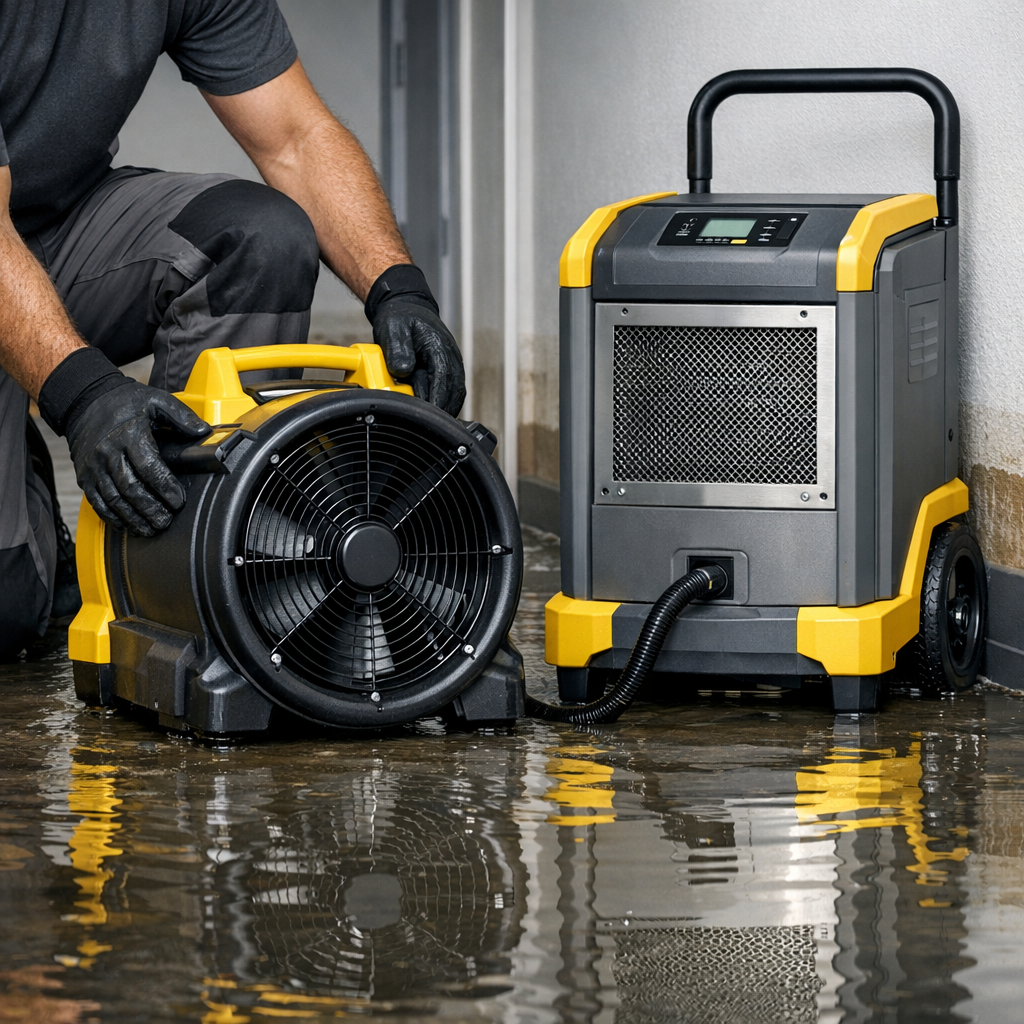 Close-up photorealistic image of a restoration technician placing a heavy-duty axial fan and a professional-grade dehumidi...