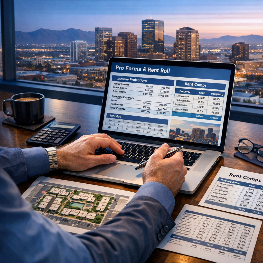 Investor at a desk reviewing a pro forma and rent-roll on a laptop with a printed site map, photorealistic editorial, clos...