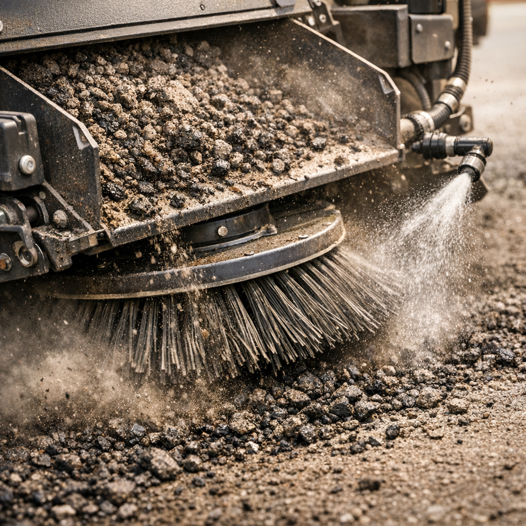 Close-up photorealistic image of a heavy-duty mechanical broom head actively sweeping milled asphalt, showing bristle acti...