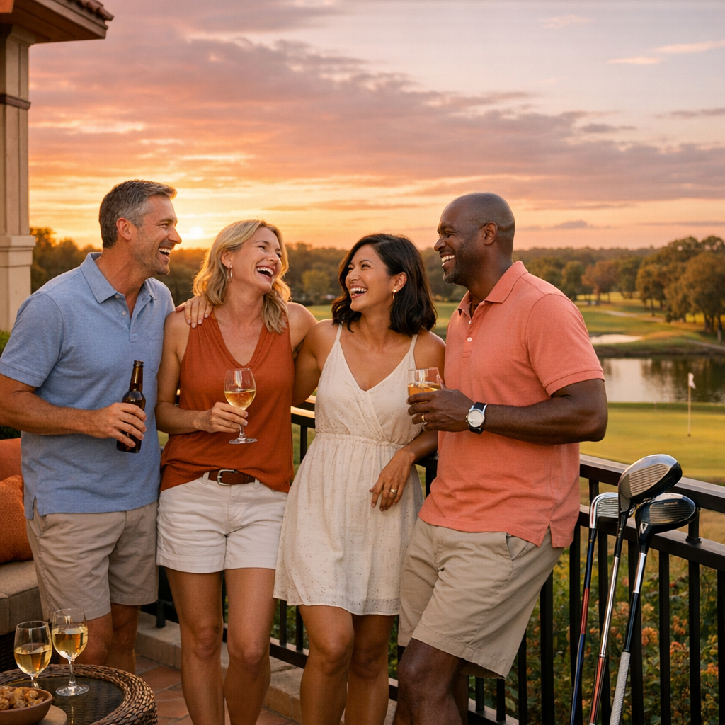 Photorealistic mid-frame image of a luxury condo patio overlooking a golf green, with a small group of friends laughing, c...