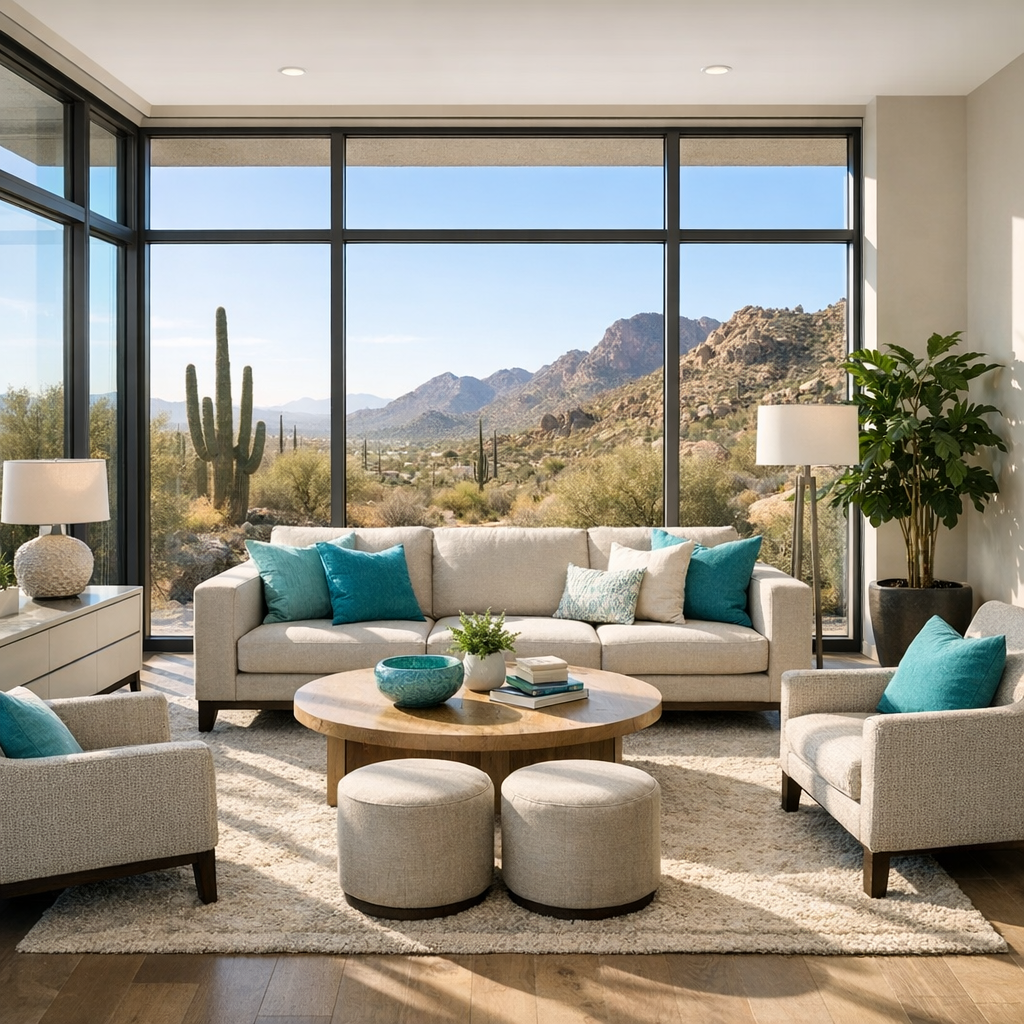 Photorealistic mid-page photo of a modern condo interior with floor-to-ceiling windows, designer furnishings, sunlit livin...