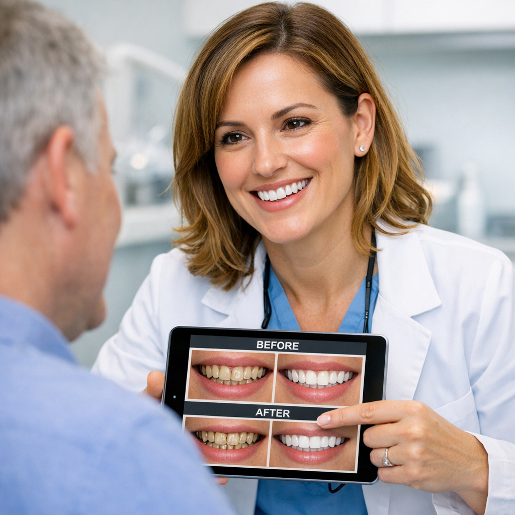 Close-up, photorealistic shot of a smiling female dentist (American appearance) consulting with a middle-aged patient over...