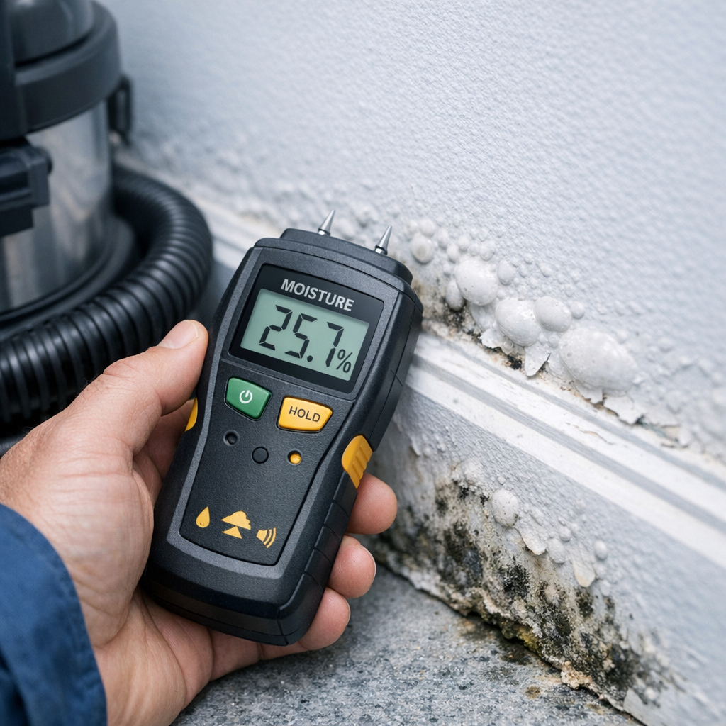 Close-up photorealistic image of a technician using a moisture meter on a baseboard with visible bubbling paint and slight...