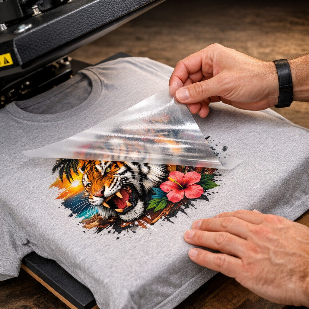 Close-up, photorealistic shot of hands using a heat press to apply a colorful DTF transfer to a cotton T-shirt. Visual sty...