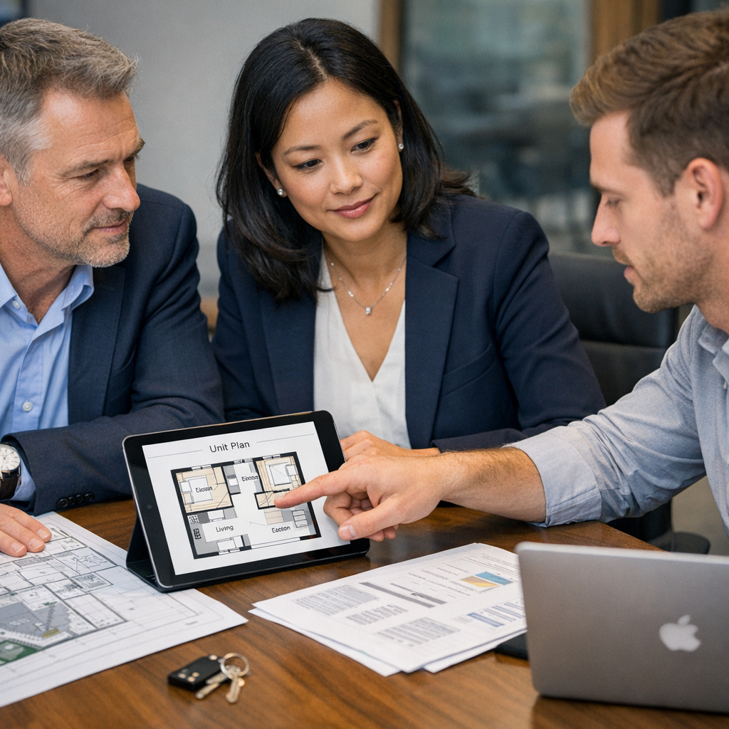 Photorealistic mid-shot of an investor team reviewing property plans at a conference table in a modern office. Visual styl...