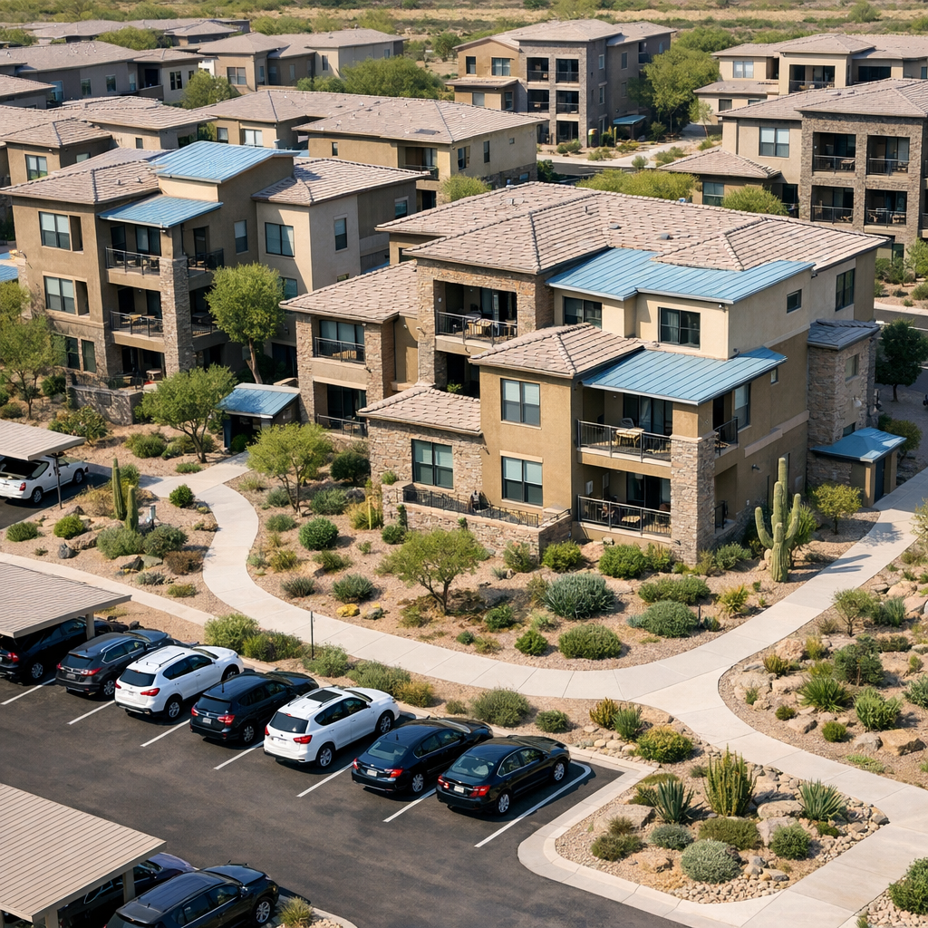 Photorealistic close-up aerial view of a clustered condo community with visible parking, walkways, and desert landscaping,...