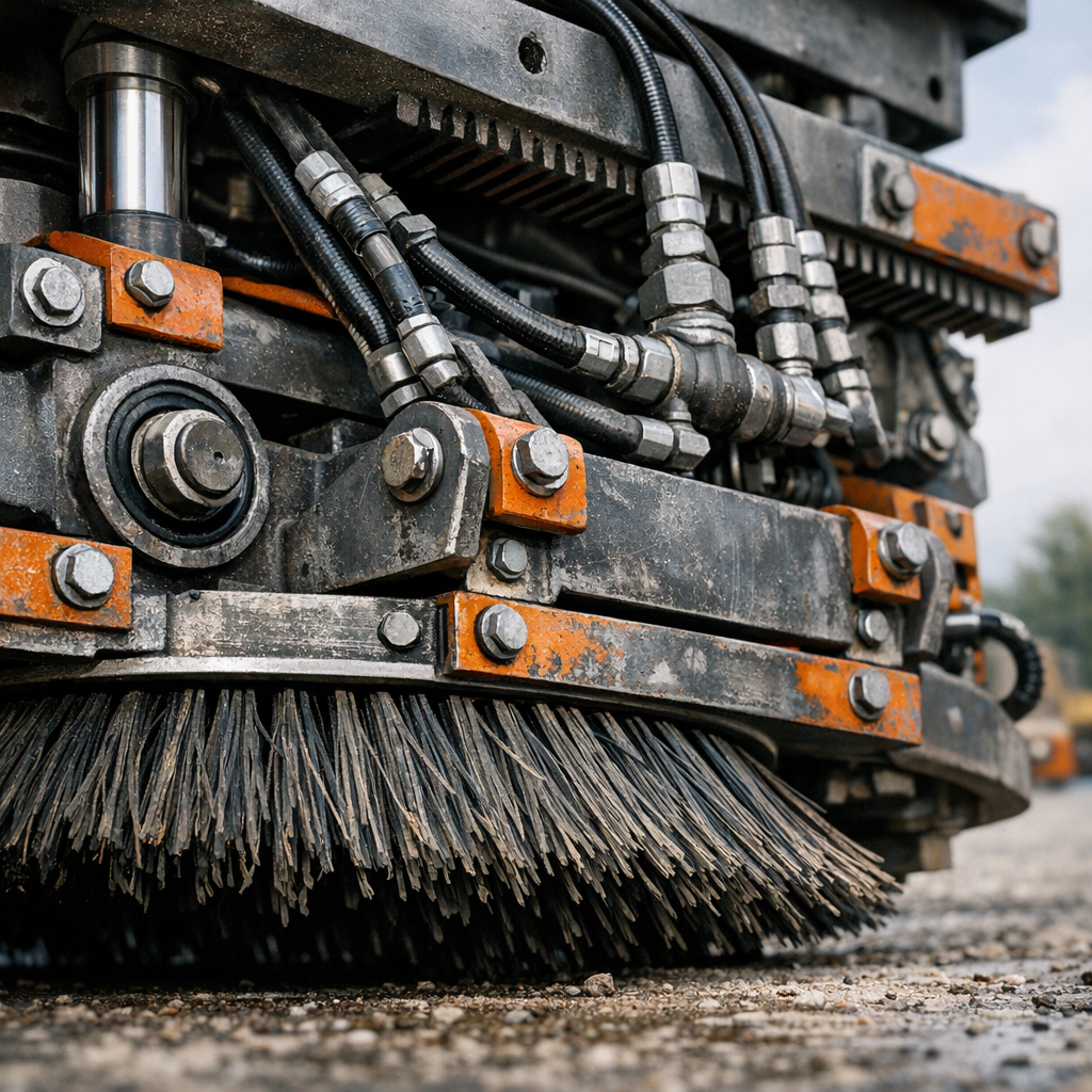 Close-up photorealistic image of a mechanical broom head and elevator system, shot from a low angle to show wear points, h...