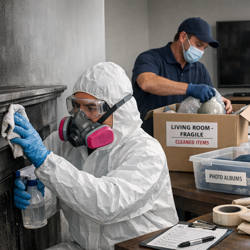 Close-up photorealistic scene of restoration technicians performing soot cleanup inside a living room: one specialist wear...