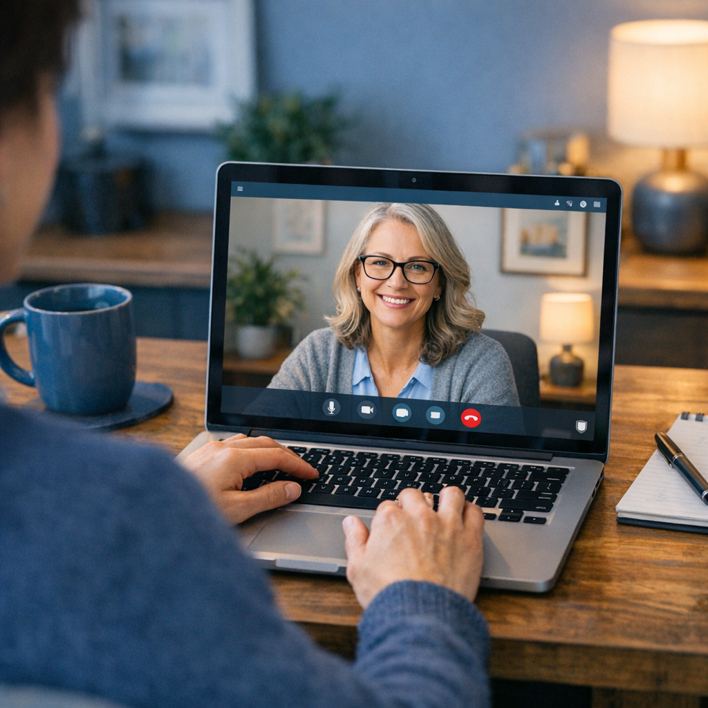 Photorealistic mid-shot of a person on a laptop in a cozy home office, the screen showing a telehealth session interface w...