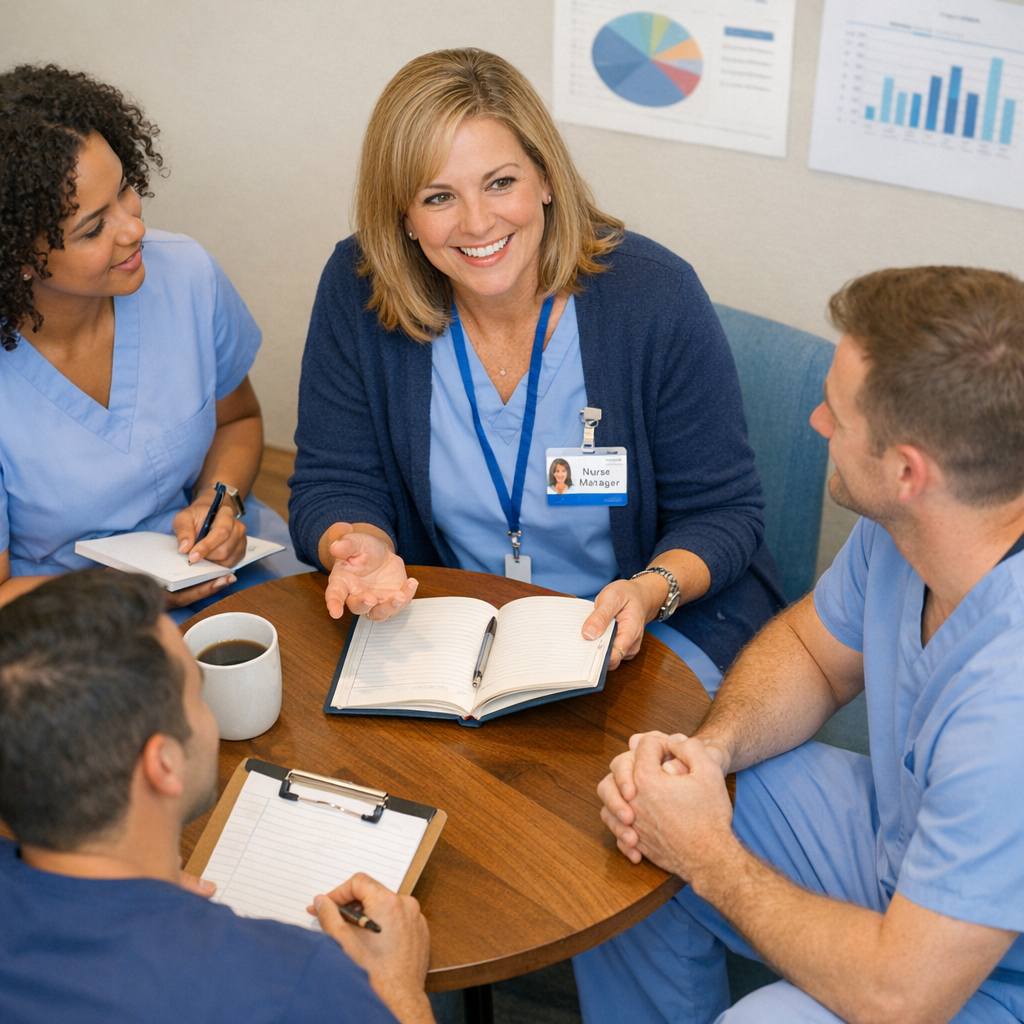Clean, photorealistic in-content image of a nurse manager meeting with a small team in a breakout space, friendly and enga...