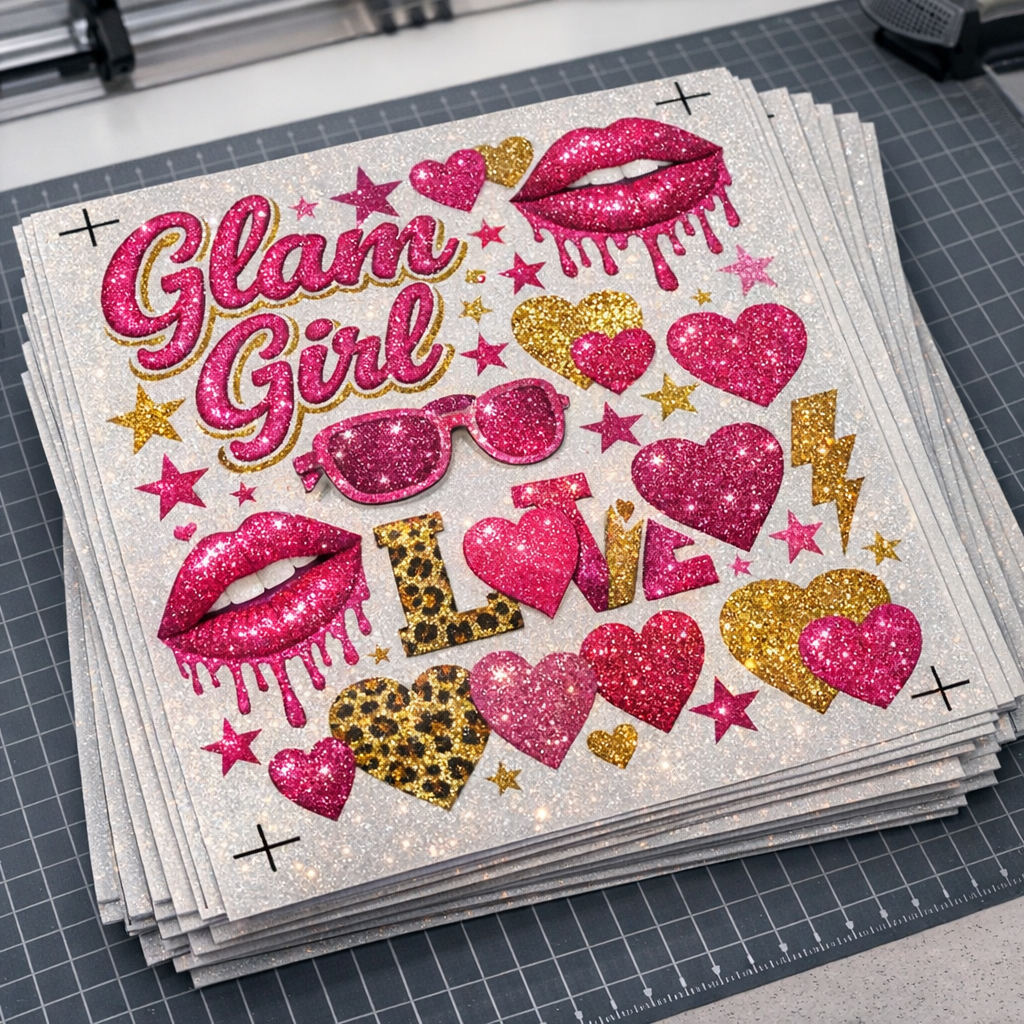 Mid-shot photorealistic scene of stacked glitter DTF gang sheets on a cutting table, close-up on texture and glitter distr...