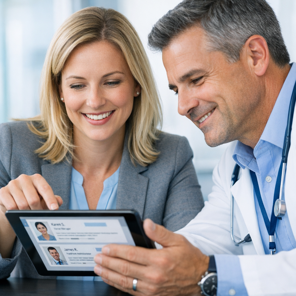 Photorealistic mid-article image of a recruiter and a hospital COO reviewing candidate profiles on a tablet in a bright, m...