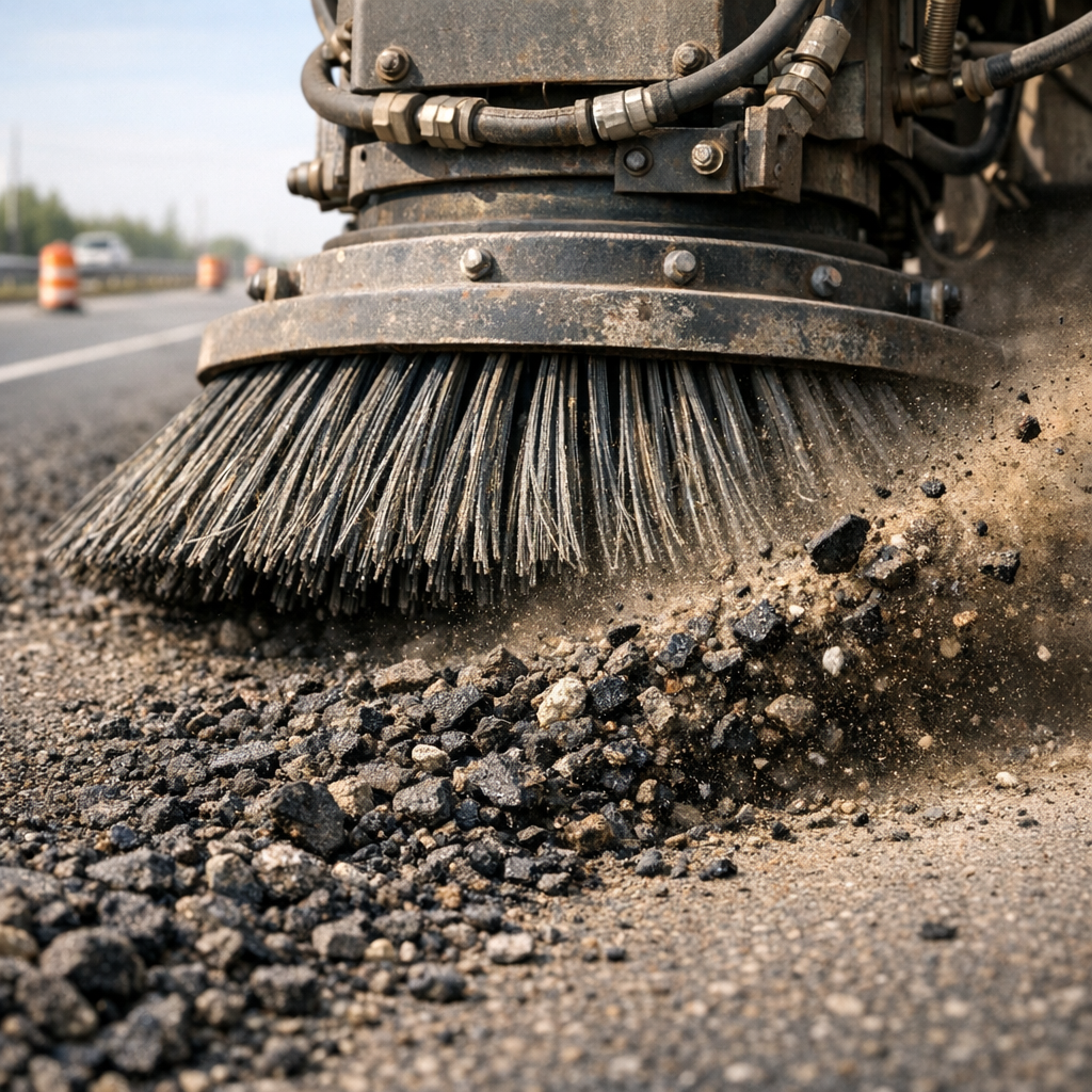 Photorealistic mid-article image showing a close-up of a mechanical broom head sweeping asphalt millings on a highway shou...