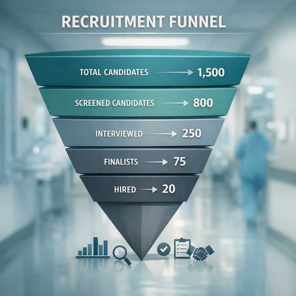 Photorealistic illustrative image of a recruitment funnel overlaid on a blurred hospital corridor; modern editorial style,...