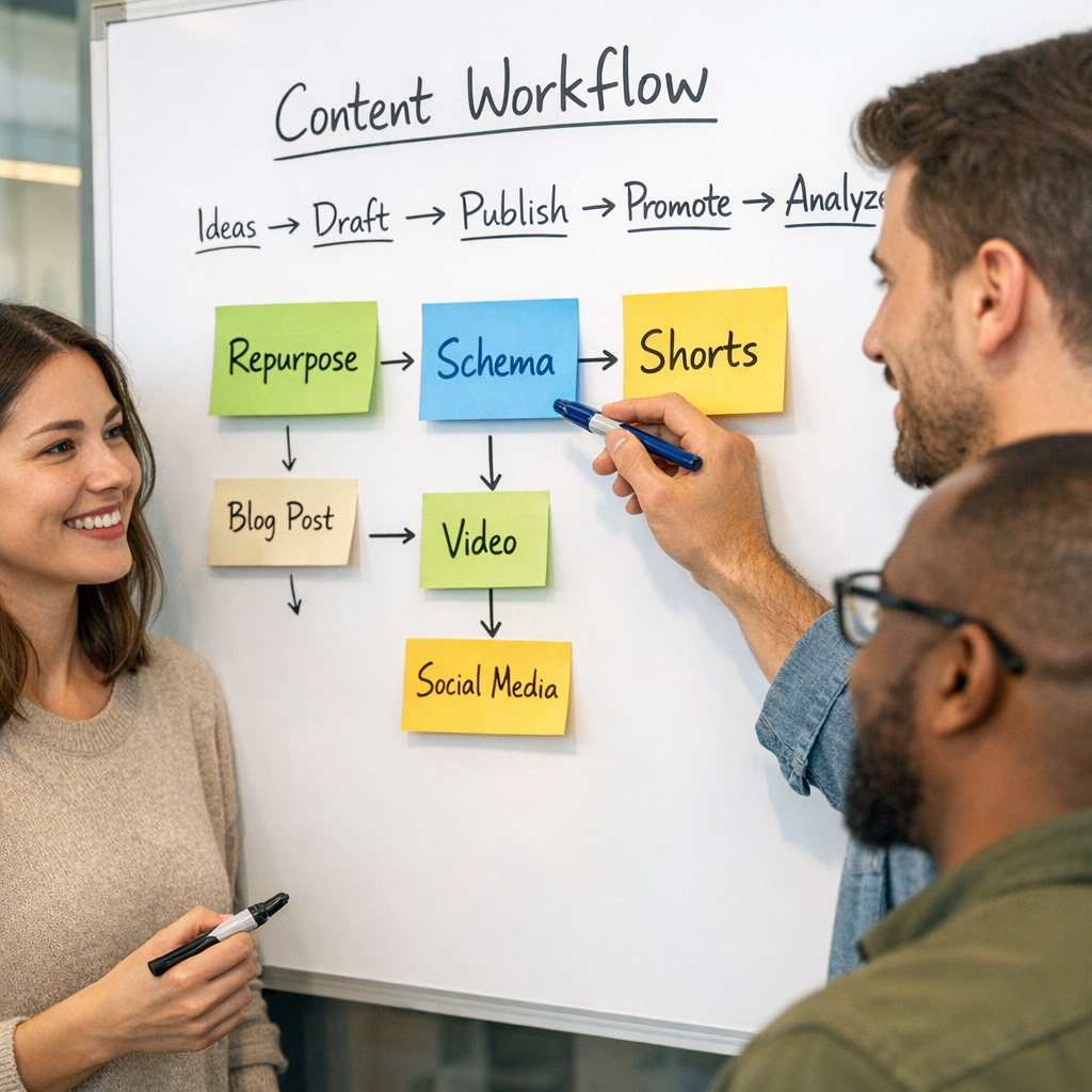 Clean, mid-article photorealistic image showing a small team mapping a content workflow on a whiteboard, sticky notes labe...