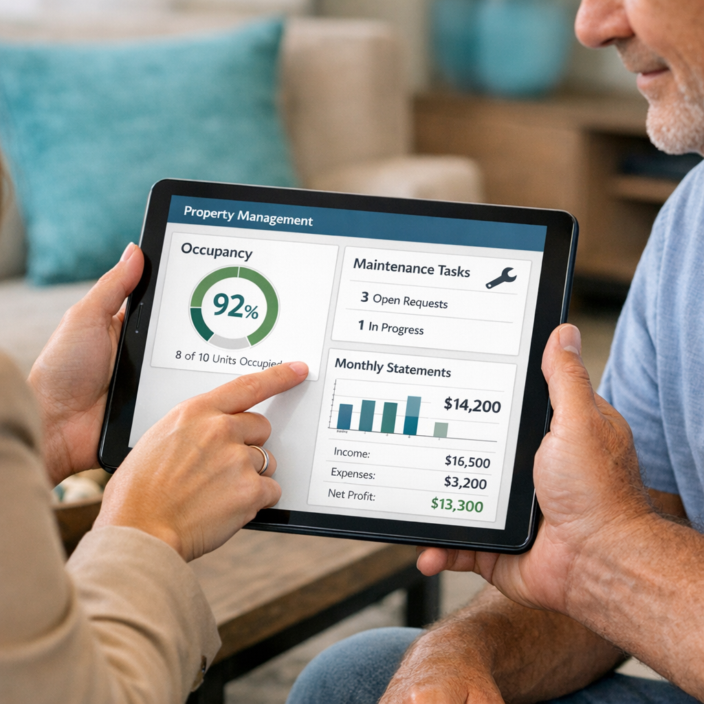 Photorealistic mid-article scene showing a property manager meeting with a landlord in a modern Delray Beach living room. ...