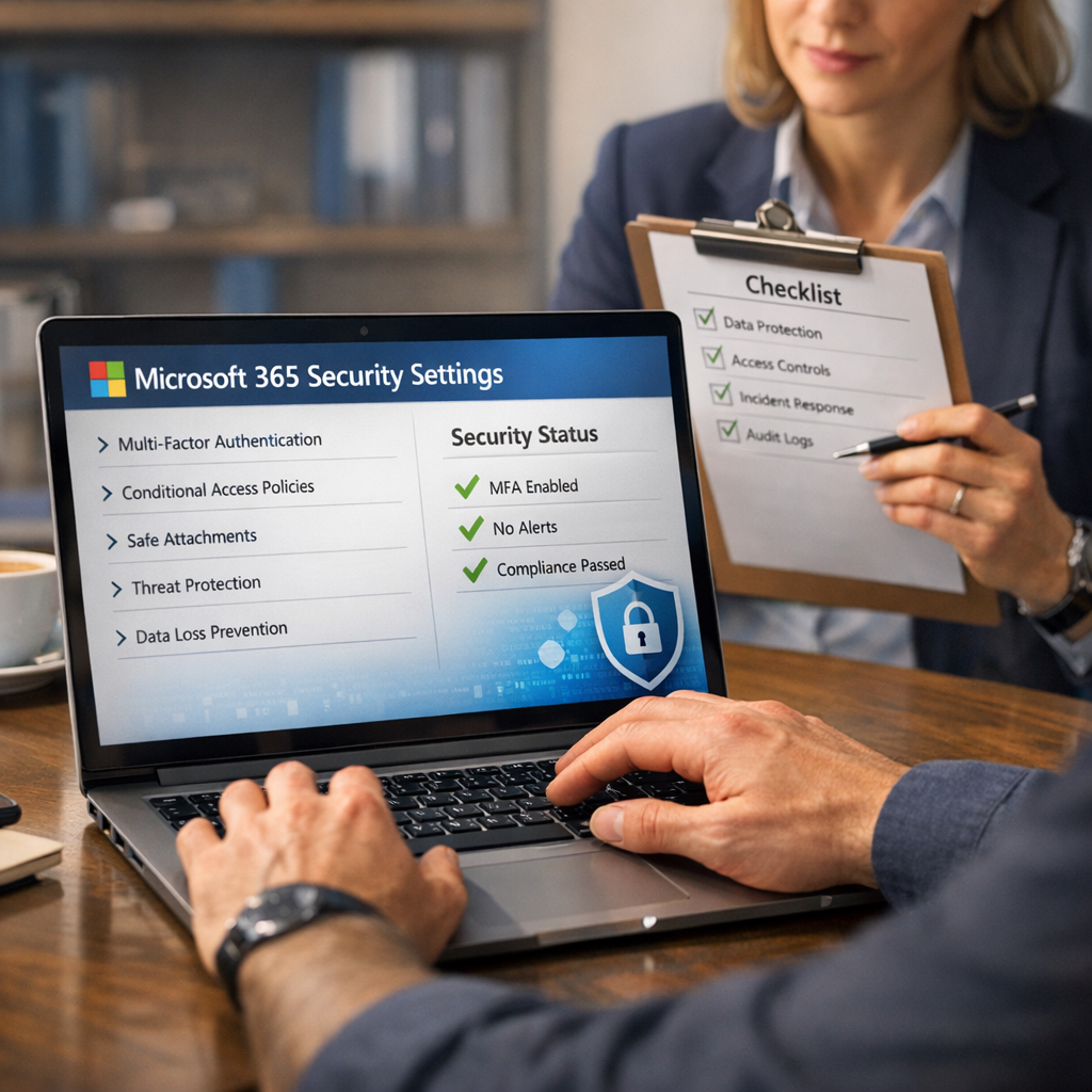 Close-up photorealistic scene of an IT administrator configuring M365 security settings on a laptop while a compliance off...